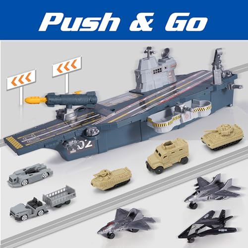 image for XDUOYJOY Military Aircraft Carrier Toys, Army Toys with 10 Vehicles, F