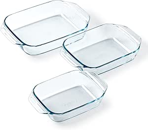 Pyrex - Set of 3 Rectangular Oven Dishes - Ideal for 2 to 6 People - 3 Sizes - Borosilicate Glass - Wide Handles - Extreme Resistance - Dishwasher Safe - Made in France