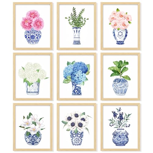 97 Decor Chinoiserie Decor - Chinoiserie Wall Art Prints, Blue White Porcelain Vase, Chinese Blue and White Ginger Jar, Chinoiserie Artwork Flower Picture for Home Bedroom Decorations (8x10 UNFRAMED)