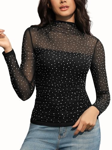 UEOIOW Womens Sexy Mock Turtleneck Rhinestone Studded Mesh Long Sleeve See Through Tops Black S