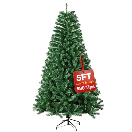5ft Premium Christmas Tree 580 Branch Tips Green Xmas Trees Bushy Artificial Christmas Tree Pine Tree with Metal Stand Easy to Assemble Realistic Spruce Branches Christmas Tree for Indoor and Outdoor
