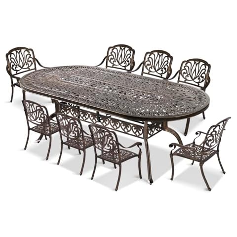 QUYZE 9-Piece Outdoor Dining Set, Retro Bronze Cast Aluminum Patio Furniture Include 86.6" Oval Table and 8 Chairs with Cushion and Umbrella Hole for Patio Deck Garden Cover