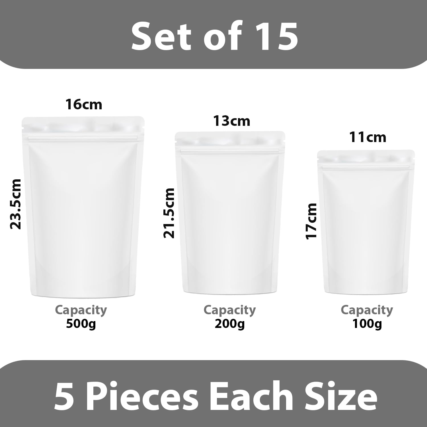SKY FLEXI PACK Matte Finish White Zip Lock Stand Up Pouches Without Window | 3 Different Sizes Combo | Pack of 30 (10 Each) | Reusable Airtight Storage Bags | Multi-Purpose Polyester Pouch 1