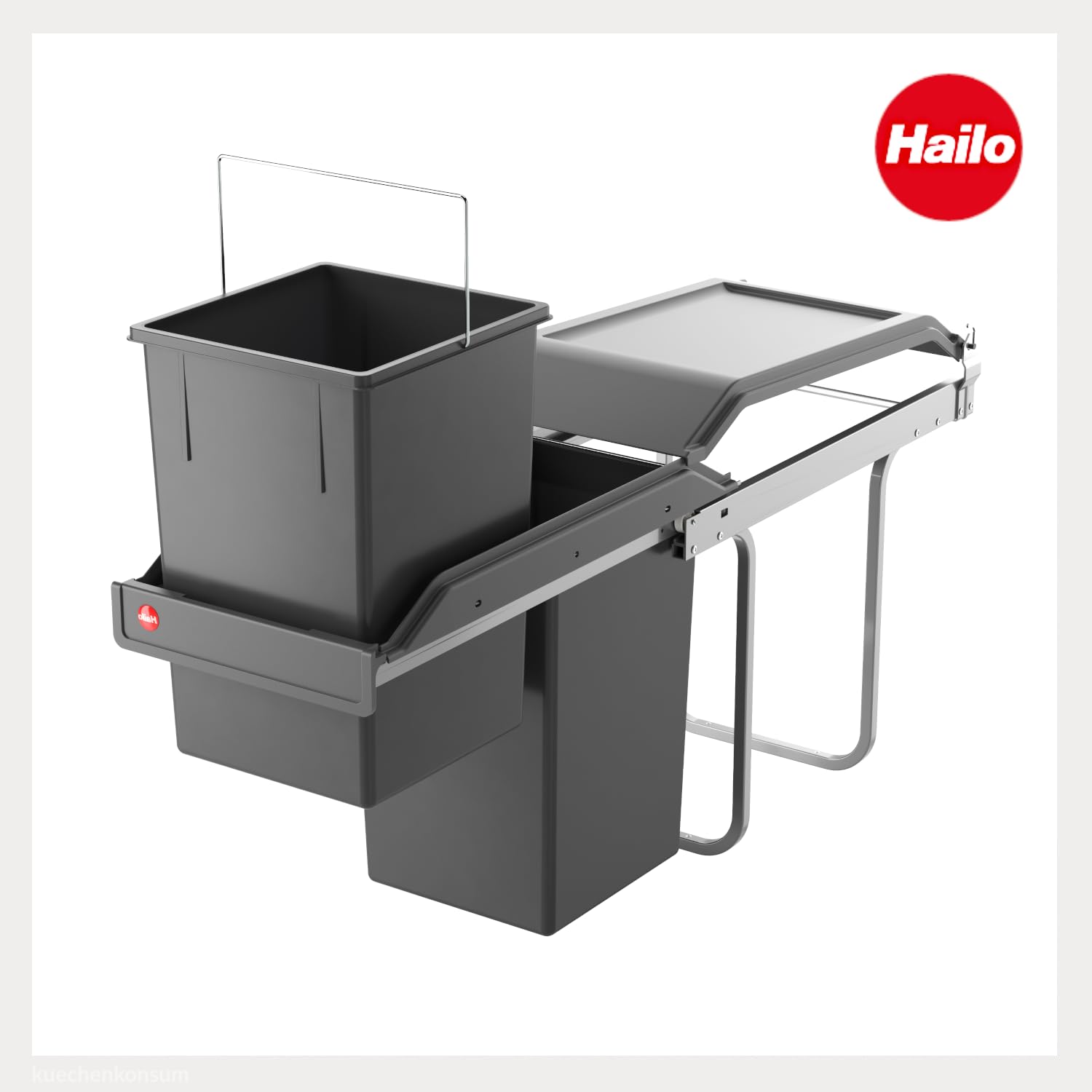 Hailo Abfallsammler Tandem 365010 | 2fach Einbau-Mülleimer | für Schränke ab 300 mm Breite | Bequemer Handauszug auf Rollenführung | Silber und Kunststoff Anthrazit (2x 15L)