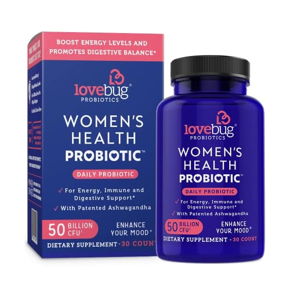 Lovebug Probiotics Tägliches Probiotikum für Frauen, 30 verzögerte Probiotika-Kapseln mit Ashwaganda, Kurkuma und B12…