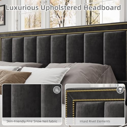 Image of BarnFurin King Size Size Bed Frame with 50 inch Tall Headboard and Footboard, Chenille Upholstered Bed Frame, Vertical Channel Tufting with Nailhead Trim, No Box Spring Needed, Easy Assembly, Black