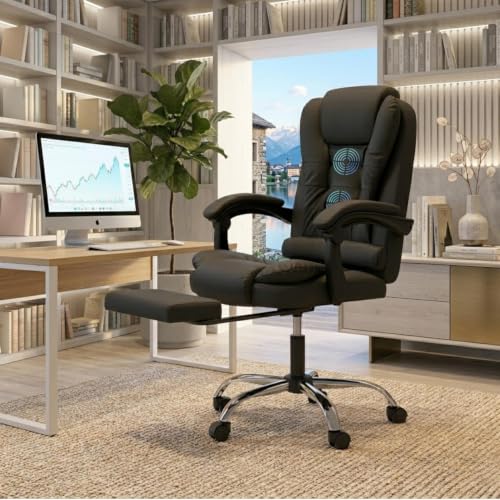 Image of Casa Copenhagen Italia Leatherette Office Chair for Work | Boss Chair, Ergonomic Executive, Luxurious Cushioned Arms & Seat, 2 Point Back Massager, Adjustable Leg Rest, Heavy Duty Metal Base (Black)
