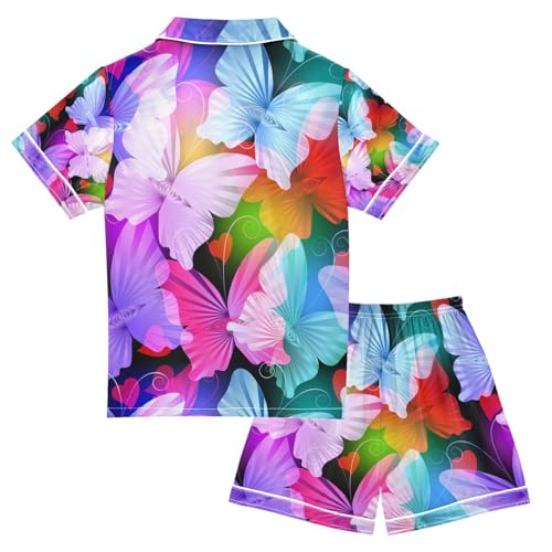 senya Colorful Glowing Radial Butterflies Satin Summer Pajama Sets Silk Short Sleeve Button Down Sleepwear2