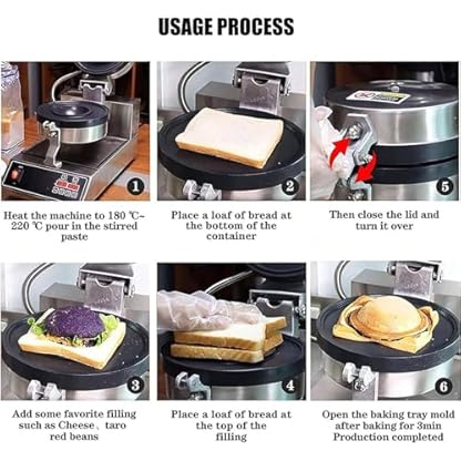 ASnwpaK 1300W Kommerzielles Elektrisches Hamburger-Waffeleisen, Antihaftbeschichteter Hamburgermaker, Beidseitige Heizung, Temperatur: 50–300 °C/Zeit: 0–2min., FüR Hamburger, Dorayaki, Panini – Bild 8