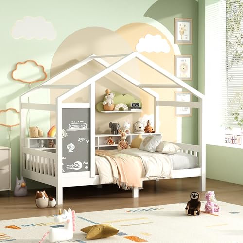 FEEOHOME Letto capanna per bambini con barriera 90 x 200 cm, letto da pavimento in legno massello con barriera e rete a doghe per bambini, letto per bambini con lavagna nera e spazio (Stile A)
