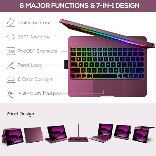 Image of typecase Touch iPad 11th 10th Generation Case with Keyboard (11 inch 2025, A16 & 10.9 inch 2022) - 360 Rotatable, 11-Color Backlit, Multi-Touch Trackpad, Pencil Holder, Thin & Light - Raspberry
