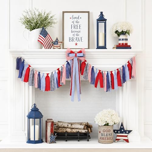Sincere Party 4th of July Patriotic Indoor Outdoor Giant Bow Garland Decorations Fabric and Ribbons Large Hanging Bow with Matched Garland