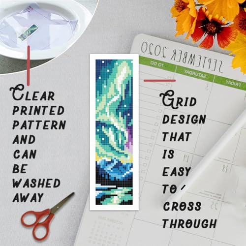 Image of BEUNITONE 6 Pcs Landscape Bookmarks Cross Stitch Kits for Adults Beginner Scenery Cross Stitch Bookmark Kit Aurora Needlepoint Bookmark Kit Stamped DIY Embroidery Kit with Instructions 2.4x8 in