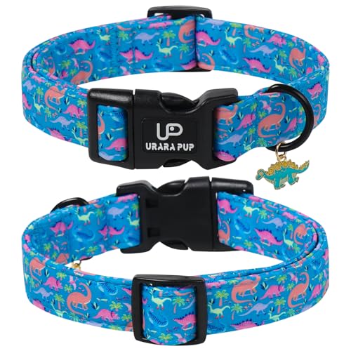 Image of Dinosaur Dog Collar, Summer Spring Cotton Dog Collar, Cute Dino Pattern Adjustable Light Blue Pet Collar, Lightweight Durable Quick Release Buckle with Charm for Male Dogs