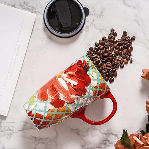 DUSVALLY Red Floral Coffee Mug 17oz - Morning Ritual Essential with Leak Proof Lid, Perfect for Commute Office Desk & Garden Tea Time - Image 4