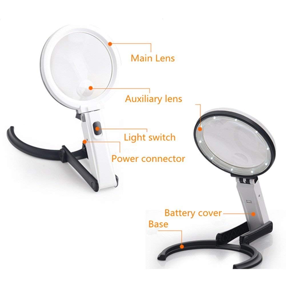 Lupa Plegable 2X 5X Lente HD Lupa de Iluminación de Mano de Escritorio con 10 Lámparas LED Recargables, para Herramienta de Identificación de Reparación de Lectura de Ancianos de Mano