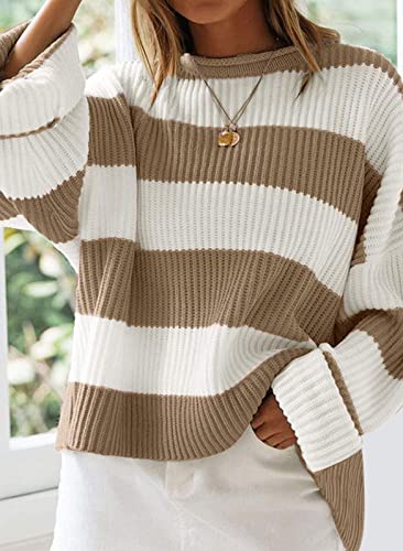 Zesica ZESWEATER14-LIGHTKHAKI-L Women'S 2024 Fall Long Sleeve Crew Neck Striped Color Block Comfy Loose Oversized Knitted Pullover Sweater,Lightkhaki,Large thumb #1
