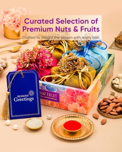 Image of Hyperfoods Rakhi Set for Brother Rakhi Gift Hamper for Brother with Pooja Thali Roli Chawal Rakhi Hamper for Brother RawFruit Bouquet Bloom Dry Fruit Gift Box 495g