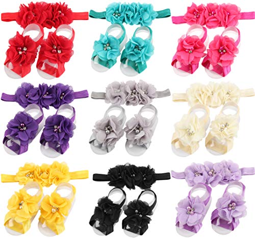 Toptim Baby Girl's Barefoot Sandals Solid Flower for Newborn Infants Toddlers (Headband Sets of 9)