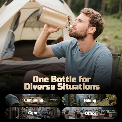 Image of ONETIGRIS Tactical Half Gallon Water Bottle with Straw - 64 oz Vacuum Insulated Stainless Steel Water Jug, Leakproof Sport Bottle with 3 BPA Free Lids, Paracord Handle & MOLLE Water Pouch for Outdoor