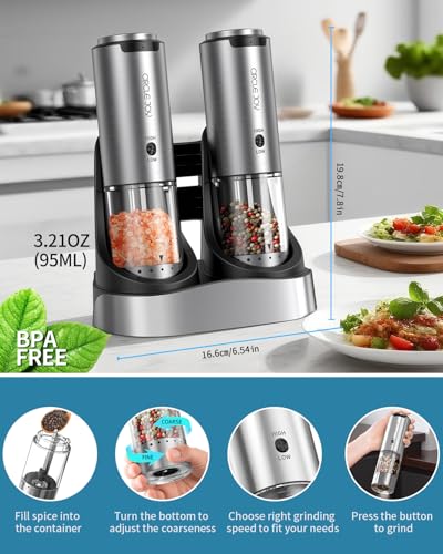 CIRCLE JOY Wiederaufladbares Elektrische Salz und Pfeffermühle 2er Set aus Edelstahl mit 2-in-1 Ladestation, 95ml Behälter… – Ansicht 6