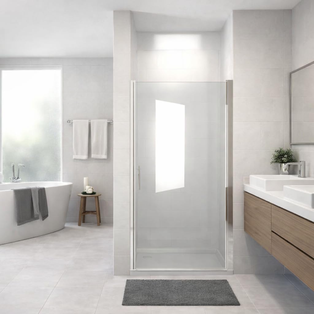 32"x 72" Pivot Shower Door, Brushed Nickel Aluminum Frame, Half Frame,1/4"(6mm) Tempered Glass Explosion Proof Film