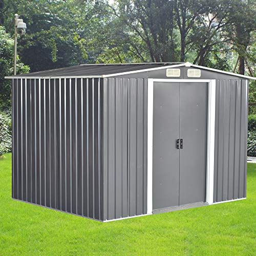Panana 8 x 6ft Metal Sheds Tool Storage House Metal Garden Apex Roof Storage Box House Doors open on 8FT side (GSGD07GY), SEEN8X6GSGD