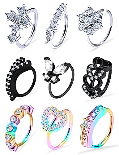 Vsnnsns 20G Nose Rings Hoops For Women 316L Stainless Surgical Steel Heart Butterfly Flower Cross Cubic Zirconia Nose Rings Hoops Piercing Jewelry For Women Men Clear Diamond CZ 20 Gauge 8MM