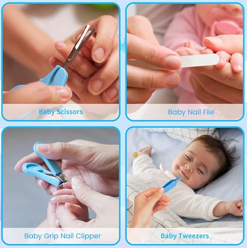 Image of Kidology Baby Care Kit - 10-in-1 Newborn Grooming & Health Set for Infants - Baby Nail Clippers, Hair Brush, Comb, Nasal Aspirator & More - BPA-Free, Safe for 0+ Months (Blue)