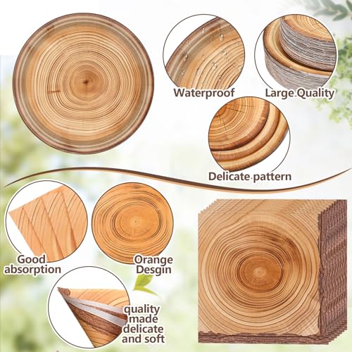 Image of Funnymoom 452 Pcs Camping Wood Grain Party Decorations Rustic Wood Disposable Paper Plates Napkins Cups Tablecloth Cutlery Straws for Forest Themed Party Decorations Hunting Birthday Supplies