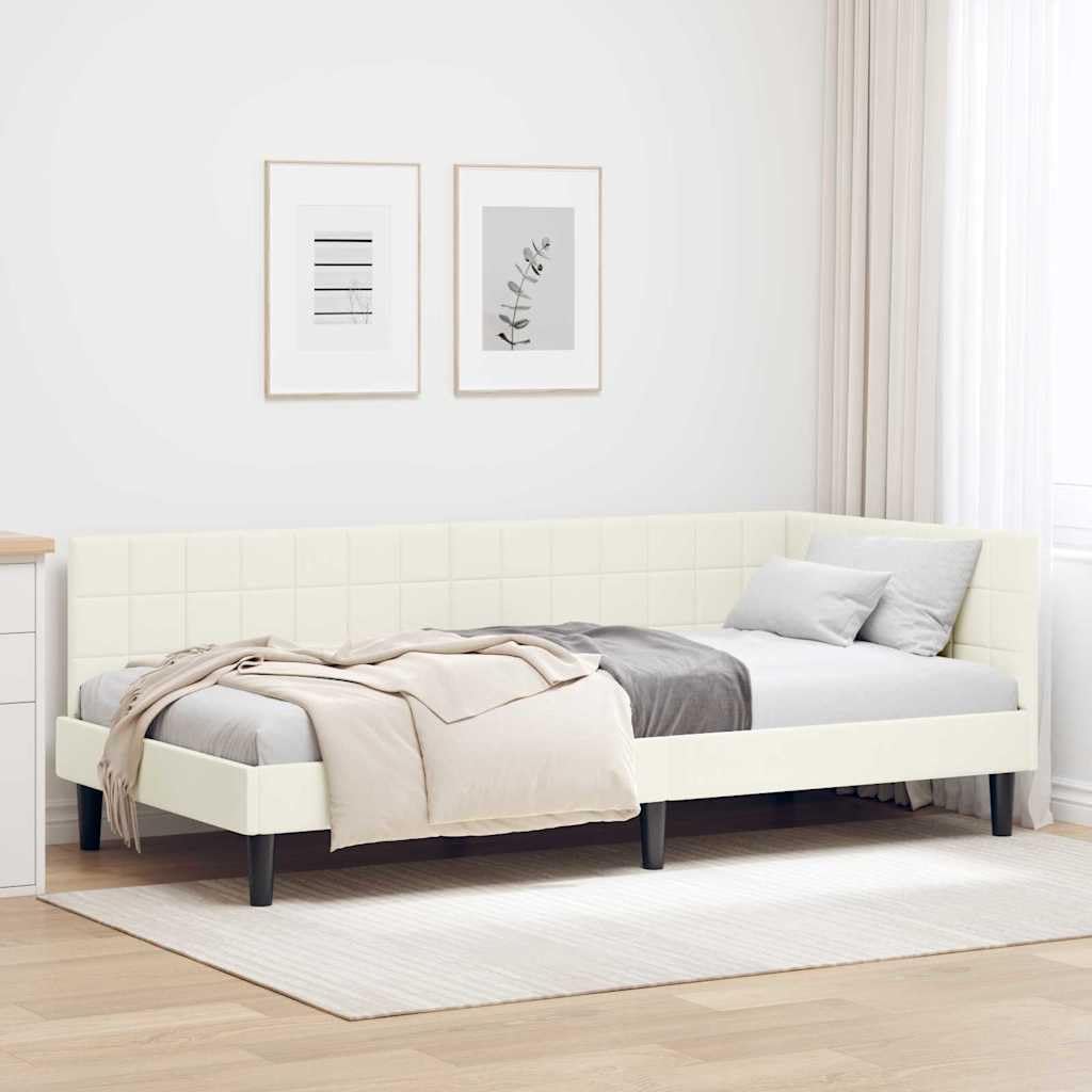 ACAGALA Letto singolo 90 x 190 cm, struttura letto con testiera e rete a doghe, letto ad angolo in tessuto senza materasso, letto per ragazzi, divano letto per camera da letto, soggiorno, crema