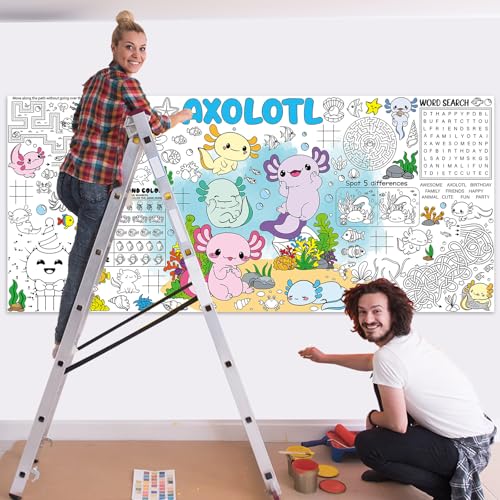 Image of Naozinebi Axolotl Giant Coloring Poster for Kids Axolotls Large Coloring Tablecloth Big Paper Sheets Page Axolotl Theme Table Cloth DIY Activity Game Art Crafts Mat Wall Home Party Decoration Supplies