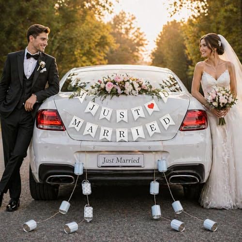 Yalikop 22 Pcs Just Married Car Decorations Ornate Magnets Includes just Married Banner 10 Wedding Tin Cans with Stickers 22yd Hemp Rope for Honeymoon Wedding Photo Props Bridal Shower Car Decor