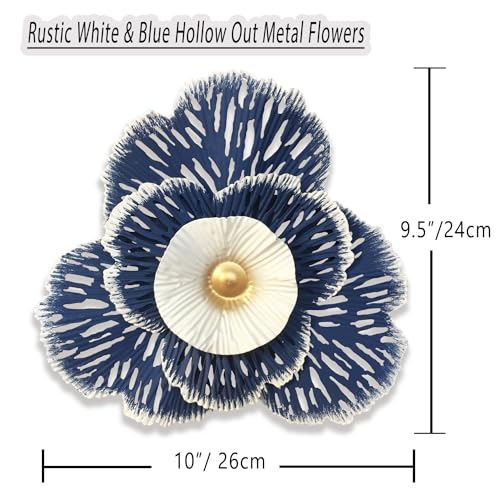 10" Metal Flower Wall Art Decor, Rustic Modern Floral Sculpture, Distressed Iron Wall Hanging Home Decoration Accent Artworks for Indoor Kitchen Bedroom Living Office Outdoor Garden Patio (36D-Blue) - Image 5