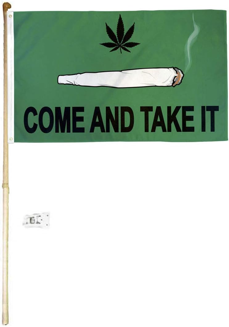 3x5 3'x5' Come & Take It Weed Marijuana Pot Leaf Polyester Flag With 5' (Foot) Flag Pole Kit With Wall Mount Bracket & Screws (Imported)