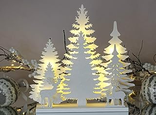 Marco Paul Traditional Wooden Christmas Tree and Reindeer with 12 Warm White LED Lights Christmas Decorations Battery Operated Glitter Xmas Scene Village Scene Christmas Ornaments Festive Home Decor