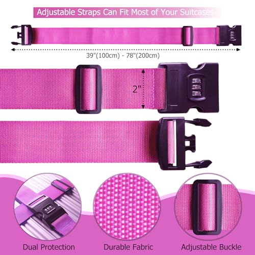 Image of 2 PCS Luggage Strap 78 inch x 2 inch Suitcase Belts Wide Adjustable Packing Straps Travel Accessories, Rose Pink & Combination Lock