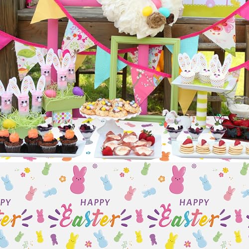 Image of Easter Bunny Peeps Tablecloth - 3 Pack Happy Easter Tablecover Decoration Set Colorful Rabbits Plastic Disposable Rectangle Waterproof Table Covers Hello Spring Party Picnic Dinner Decor