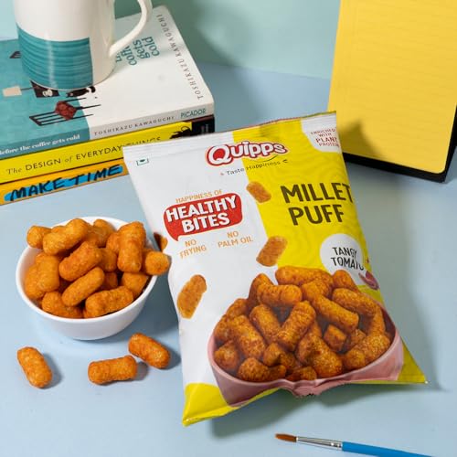 Image of Quipps Millet Puff Tangy Tomato Pack of 6, 60g Each | Non-Fried Puffed Millet Snack | Plant Protein Enriched | Gluten Free | No Palm Oil, No Artificial Preservatives | Light & Crunchy Snack for Office & Travel