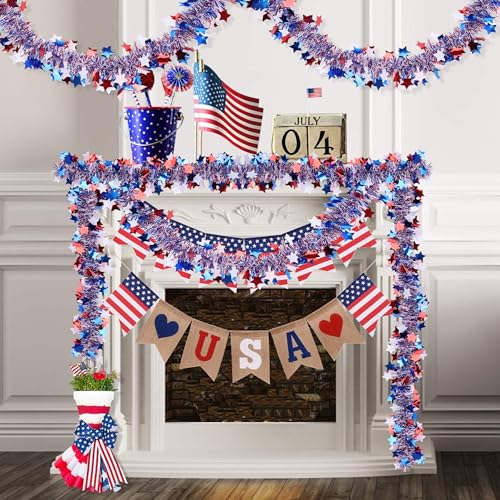 Image of 50FT 4th of July Patriotic Decor Tinsel Garland Decorations, Red White and Blue Star Garlands for Memorial Day Decor Fourth of July Independence Day Indoor Outdoor Yard Home Party Decor Supplies