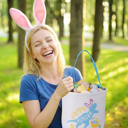 Image of 6 Pcs Canvas Easter Basket with Handle Dinosaur Bucket Bags Bulk Fabric Eggs Hunt Totes for Party Supplies Easter Candy Gifts Storage Favors