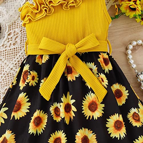 Summer Girls' Dress Small and Medium School Children's Shoulder Strap Lace Sleeveless Sunflower Print Splice Place Dress2