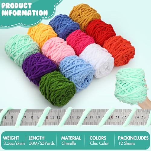 Image of Buryeah 12 Pack Chunky Chenille Yarn for Crocheting Soft Thick Fluffy Yarn for Hand Knitting Bulky Velvet Blanket Plush for Weaving DIY Crafts Each 3.5 oz 55 Yards (Chic Colors)