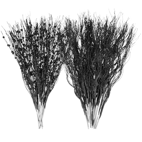 SUPREME XMAS 30 Pack Black Christmas Tree Ornaments Set, Artificial Glitter Berry Stem Branches Picks for Halloween Xmas Tree Sticks Decorations Vases Wreath Home Holiday Wedding Party Decor Gift