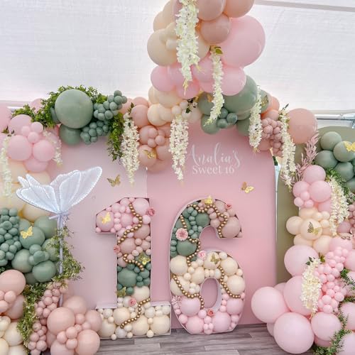 Image of HILAVO Sage Green Pink Balloons 12 Inch Olive Green Pastel Pink Ivory Metallic Gold Latex Balloon for Boho Baby in Bloom Fairy Floral Wildflower Tea Safari Jungle Baby Shower Birthday Party Decoration