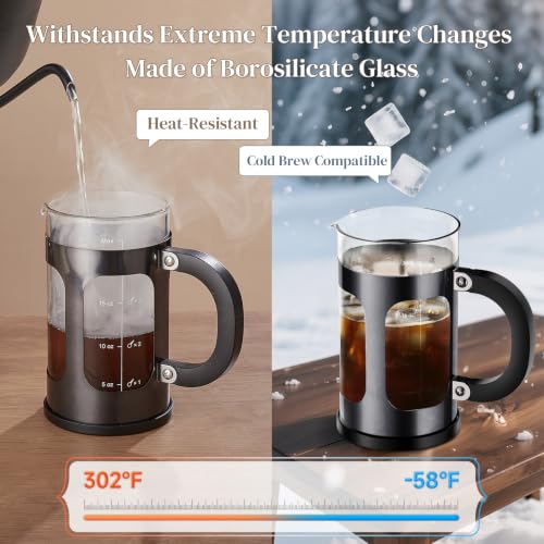 Image of Veken French Press Coffee Maker,No Plastic Touches Cafe,21oz 0.6L Small Pot | Heat Resistant Thickened Borosilicate Glass Stainless Steel Brewer, Single Serve,Kitchen,Travel,Camping,Tea,Gifts,Dark Pewter