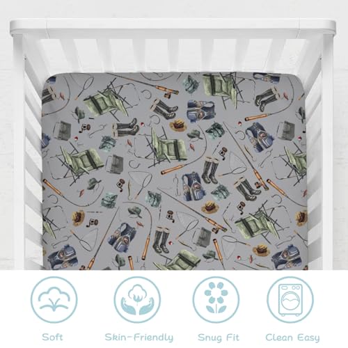 Image of Fishing Baby Crib Sheets 52''x28'' - Snug Fitted Mattress Sheet for Boy Girl Nursery Bedding Decor - Soft Sheets for Standard Crib and Toddler Mattresses - Fishing Lovers Gift