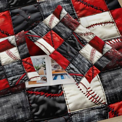Image of Red and Black Plaid Comforter Set Queen,Baseball Bedding Set Queen Red and Black,Sport Quilt for Boys,with 1 Comforter with 2 Pillow Case