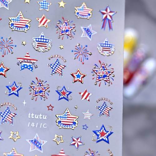Image of Star Nail Stickers Independence Day Nail Art Stickers Firework Nail Decals for Nails Art 5D Embossed with Red Blue Design Nails Charms Supply for Women 4th of July Manicure Decoration Accessories