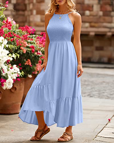 Btfbm Women's Sleeveless Halter Neck Casual Summer Dress Smocked Flowy Irregular Hem Wedding Beach Party Maxi Sundresses(Solid Blue, Large) #TOP2
